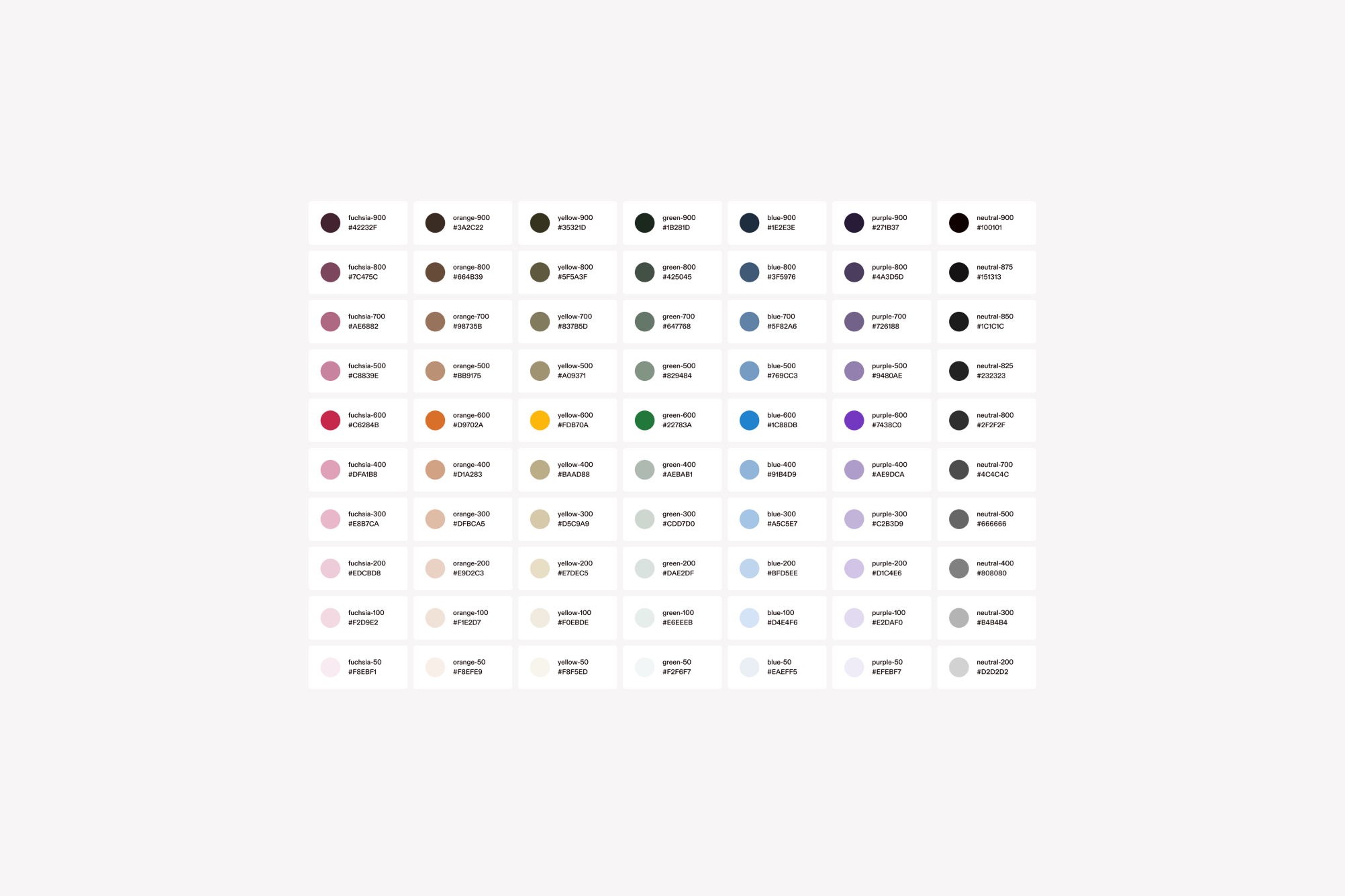 A grid of different color token circles with their name and hex code.