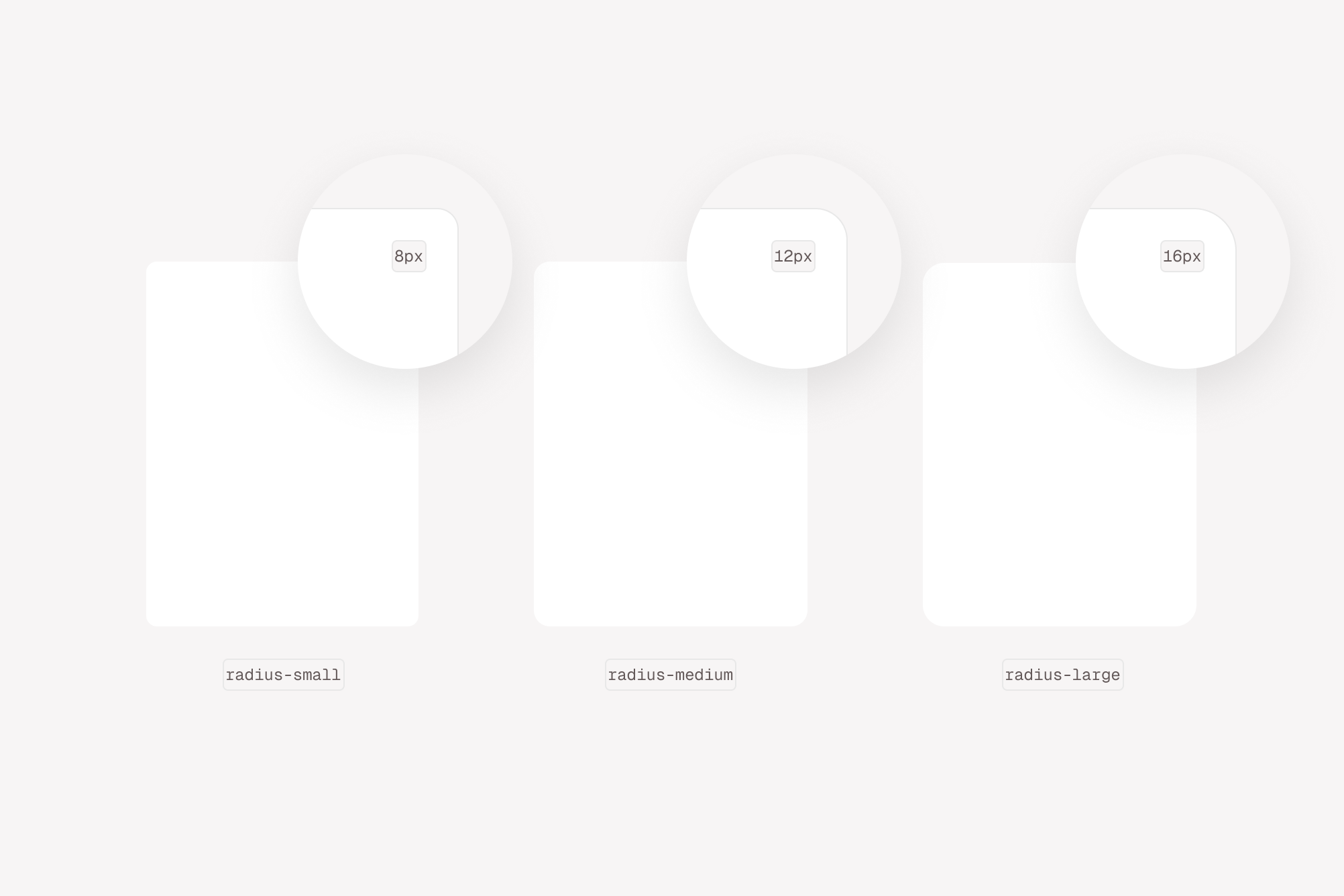 Three rectangles with varying degree of corner radiuses (8px, 12px, 16px)
