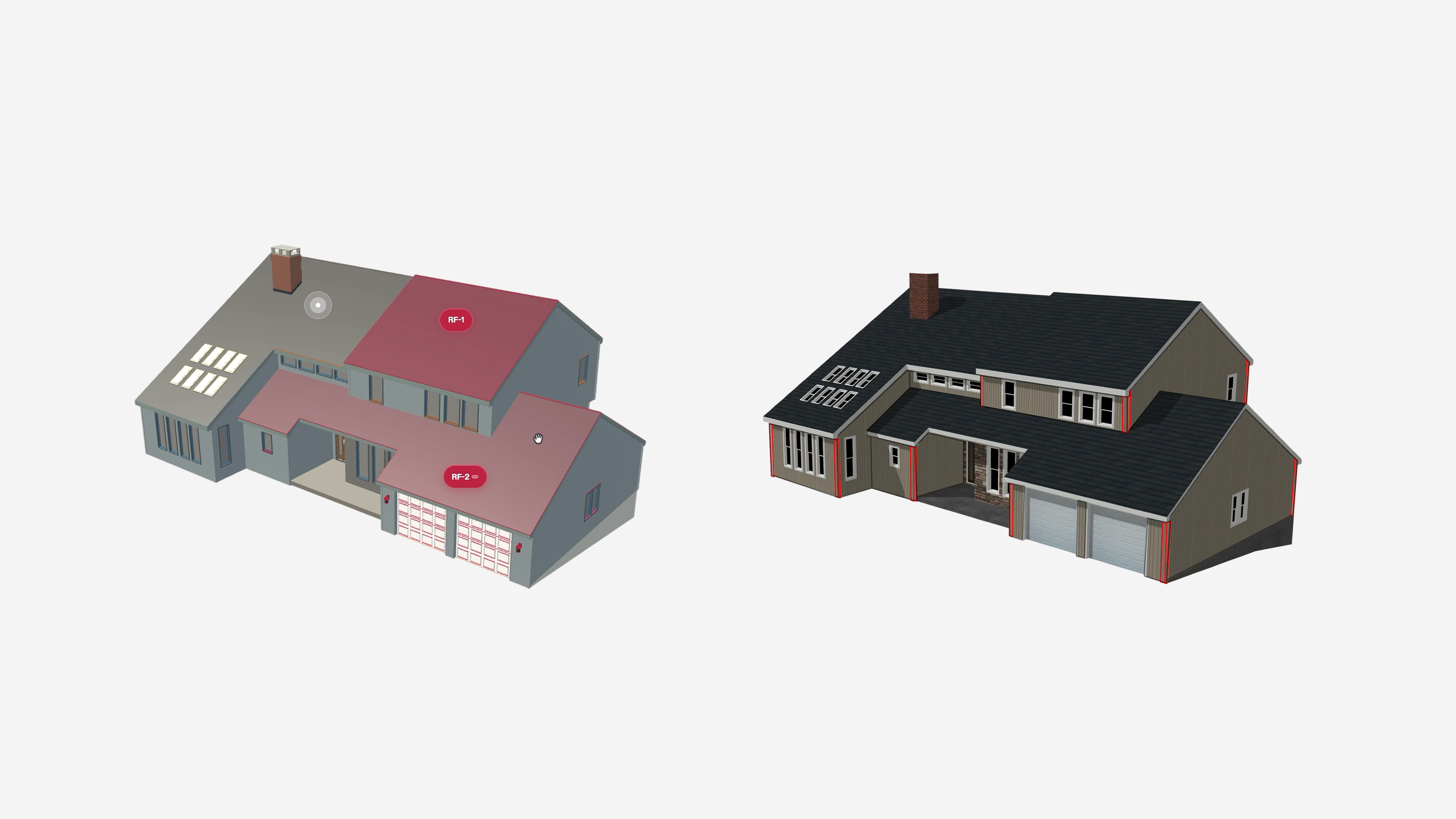 Two views of Nidi's house: one shows Roof Facets labeled and shaded in pink. The other shows a few areas outlined in red.