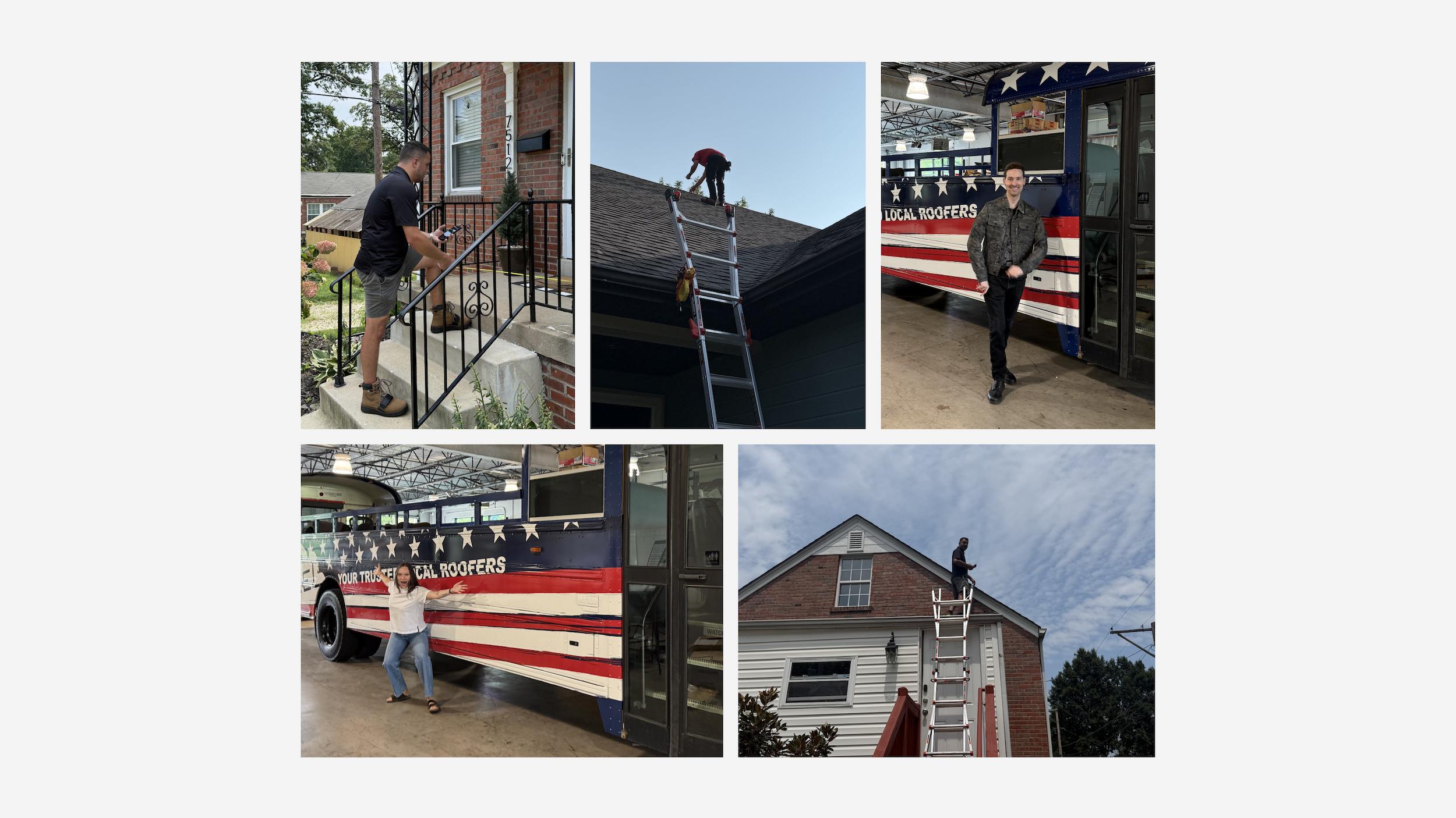 Five field photos from inspection ride-alongs. People inspect homes from front steps and rooftop ladders, and pose with a bus painted in stars and stripes reading Your Trusted Local Roofers.