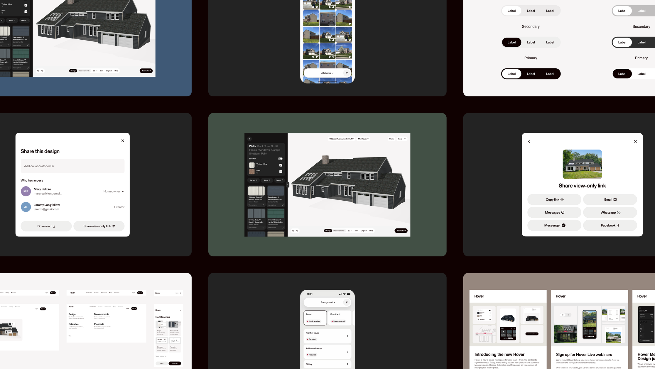 Grid of 9 images from the web and mobile apps showcasing Hover's design updates for February