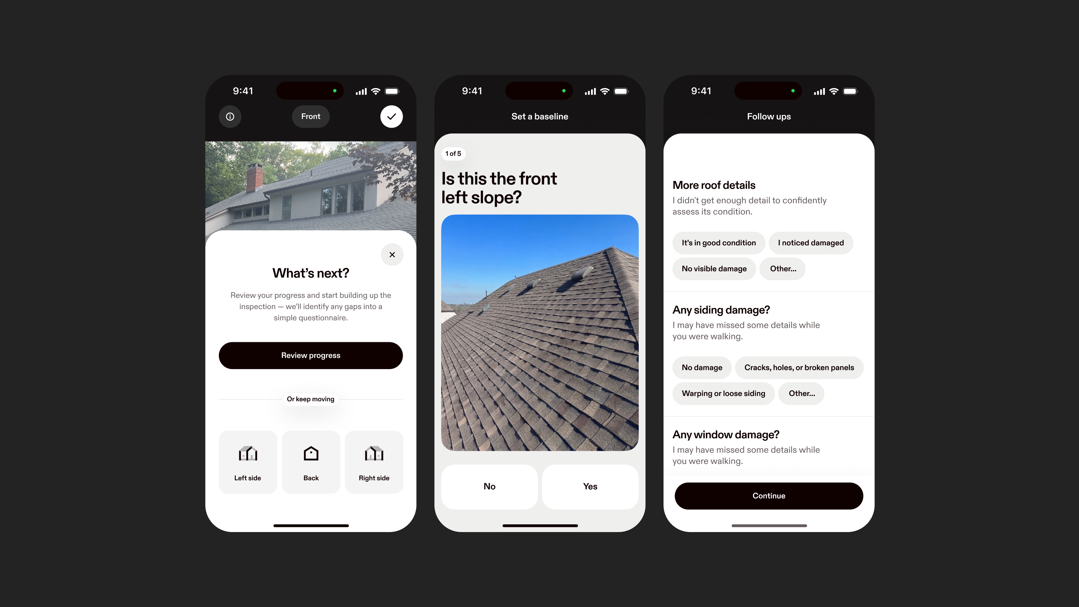 Three mobile interfaces showing some very rough design concepts for our scan agent workflow.