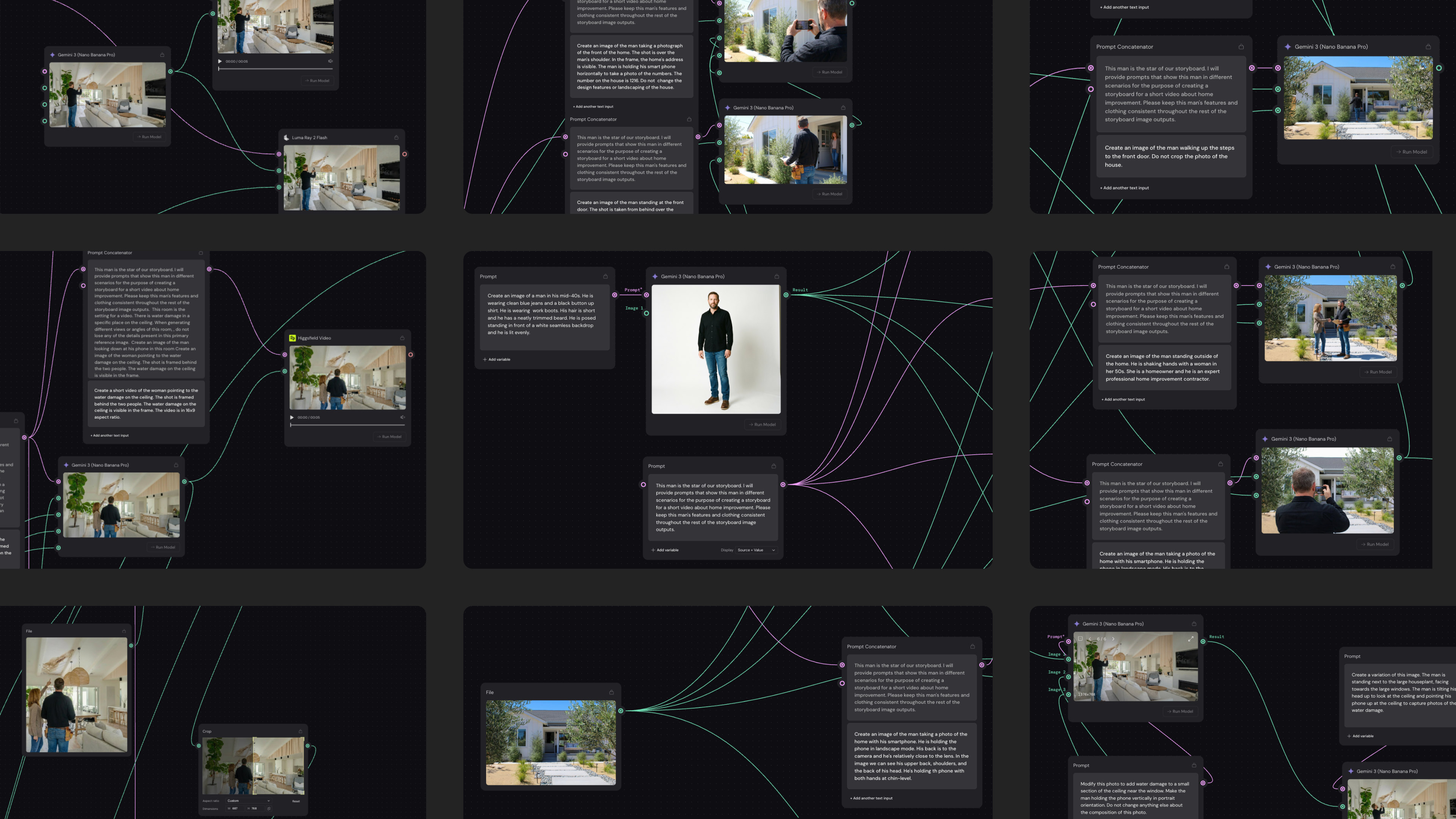 A digital workflow interface displays multiple connected panels showing project elements including interior and exterior photos. Connecting lines link the panels, creating a visual map of the creative process.