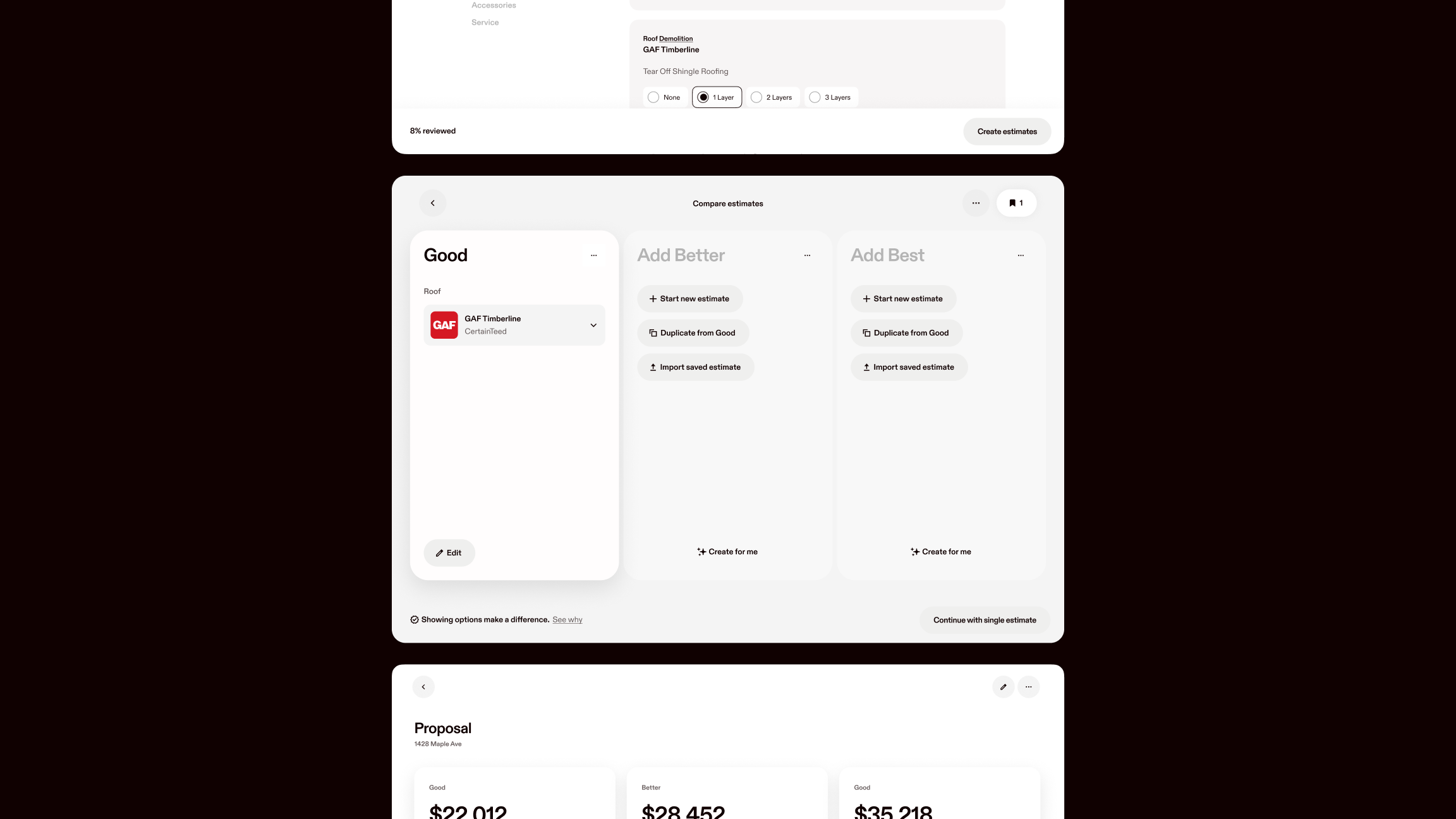 Series of three screens in a vertical row. Fully visible screen shows the Good Better Best flow with the Good card filled out for a roof estimate.