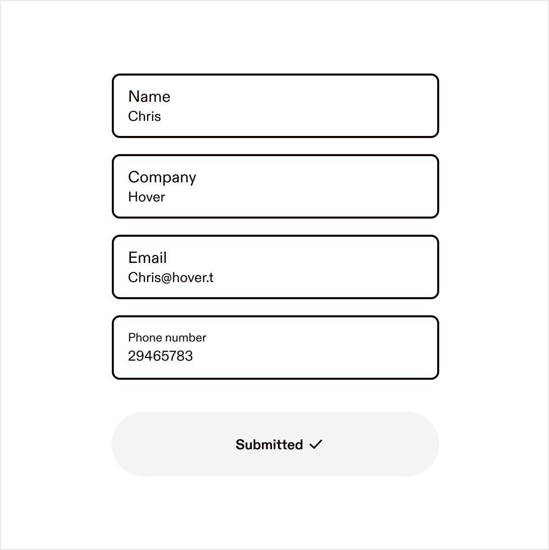 Sample form showing success message in place of submit button