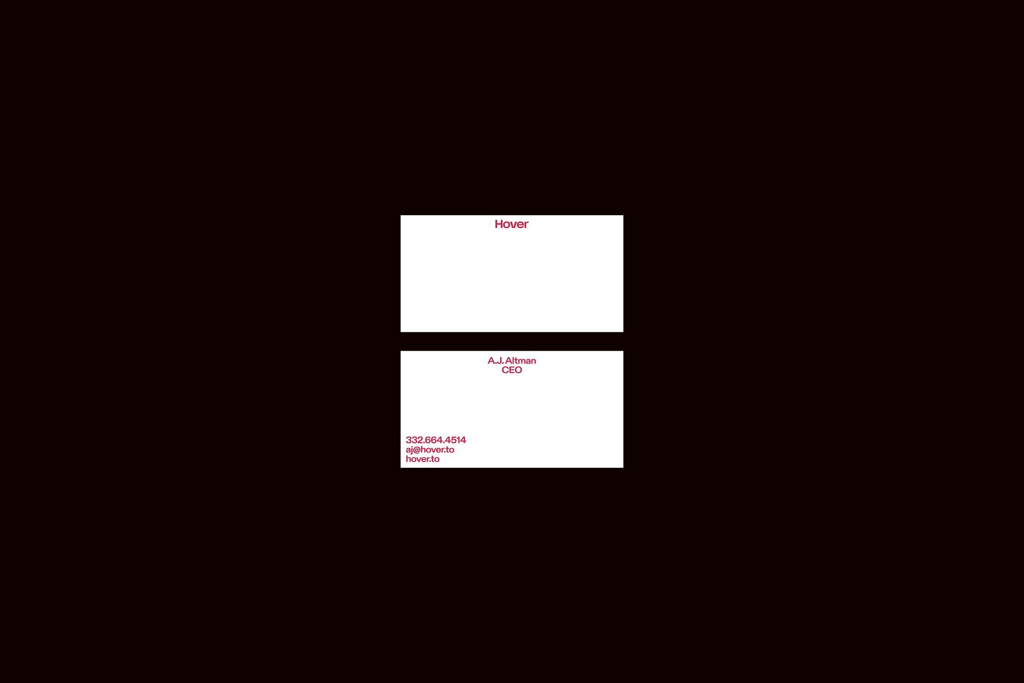 A white business card with “Hover” written in dark pink on the top of one side. The other side says the employee name and title. The bottom left shows their phone number, email address, and the hover.to URL.