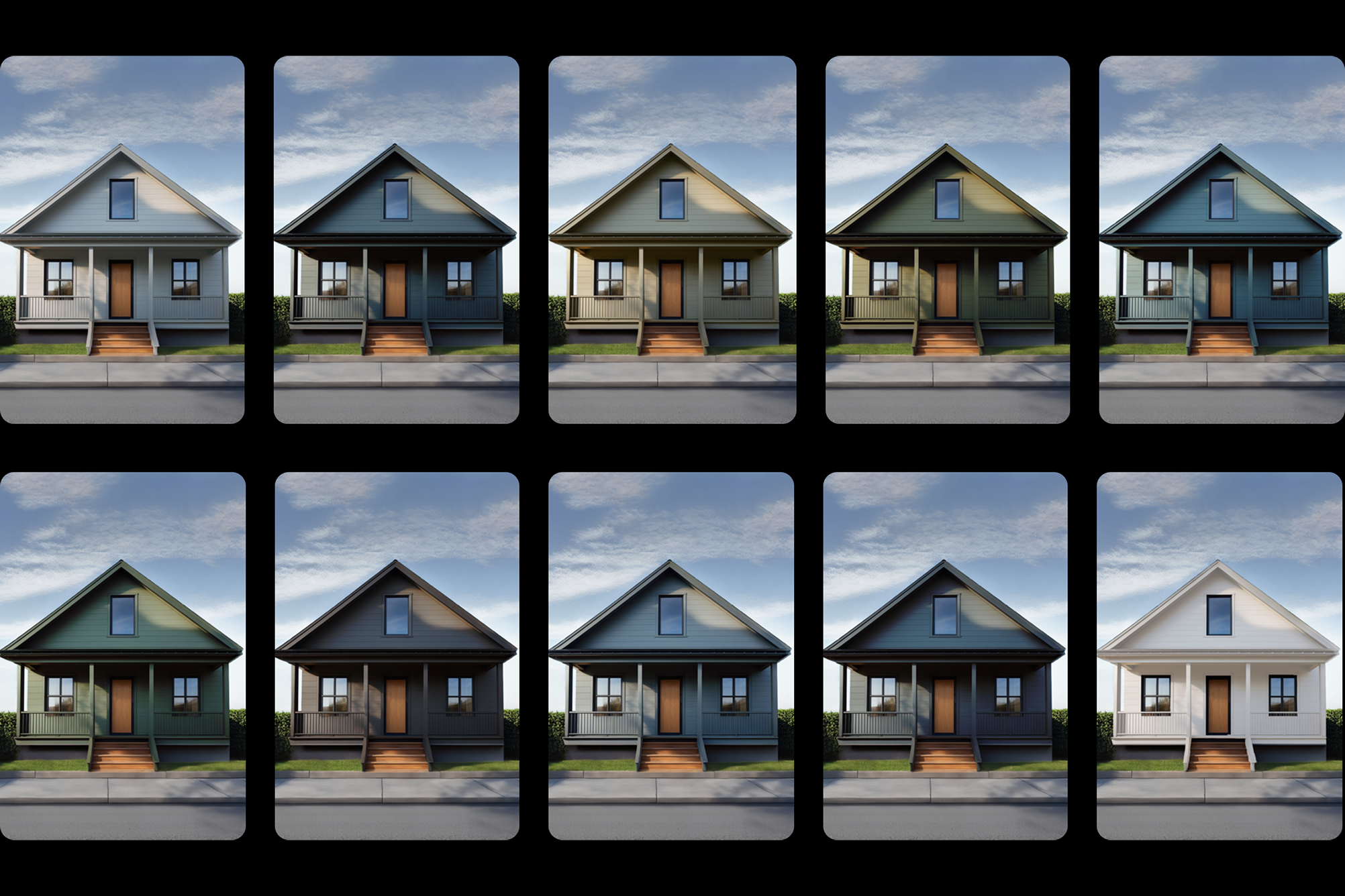 A grid of photos of the same shotgun-style house. Each photo has a slightly different color or design style applied.