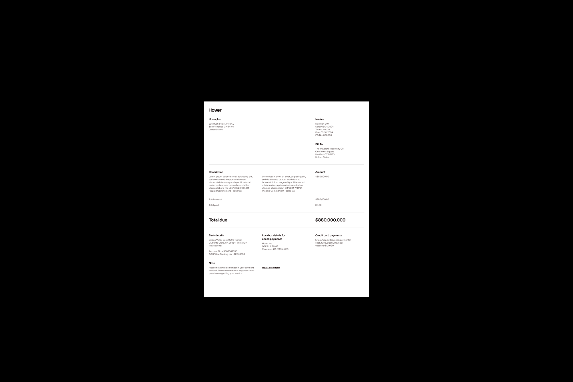 A simple white invoice document with clean black text, and a Hover logo in the top center.