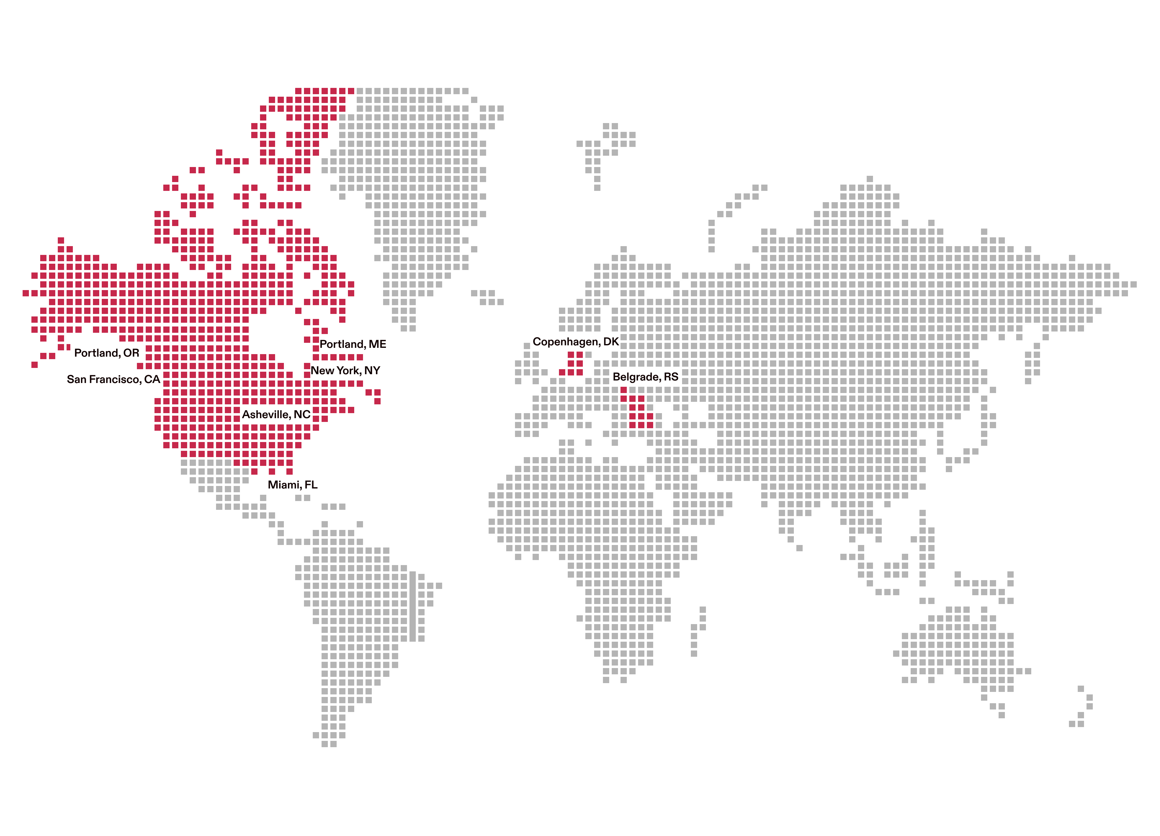 A world map that plots the location of each team member, showing how widespread our team is—located in Arizona, Denmark, Florida, Maine, New York, North Carolina, Oregon, Slovakia
